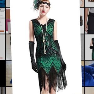 Flapper Roaring 20s dress and faux fur boa set